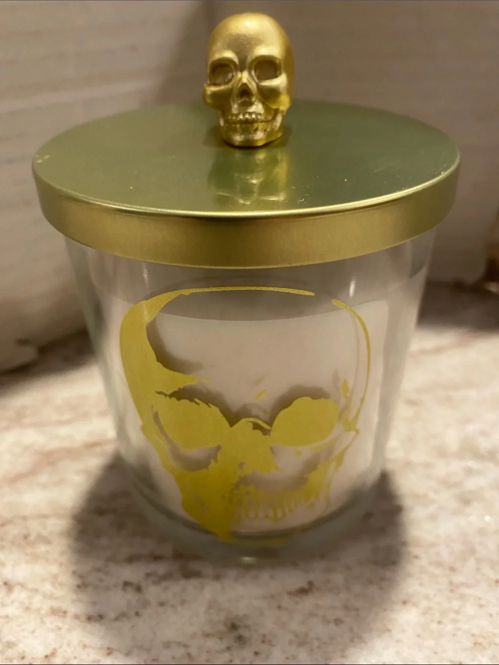 Gold Skull Glass Candle Jar w Metallic Lid Midnight marshmallow scent 9.5oz NWT